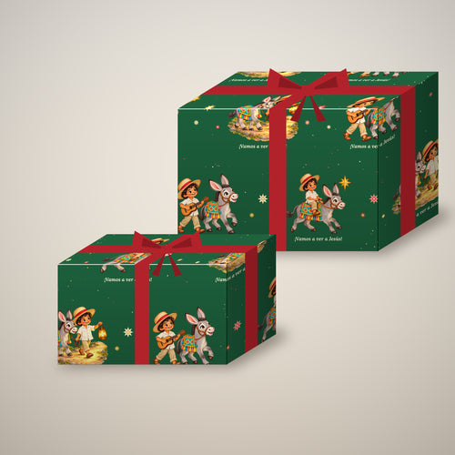Green Burrito Navideño Christmas wrapping paper on two wrapped gift boxes with a bow