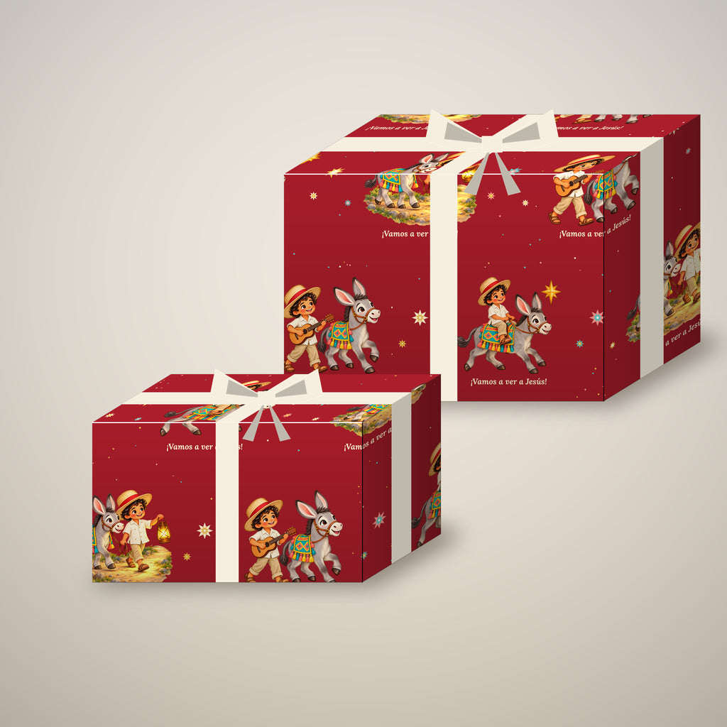 Red Burrito Navideño Christmas wrapping paper on two wrapped gift boxes with a bow