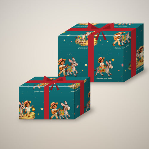 Turquoise Burrito Navideño Christmas wrapping paper on two wrapped gift boxes with a bow