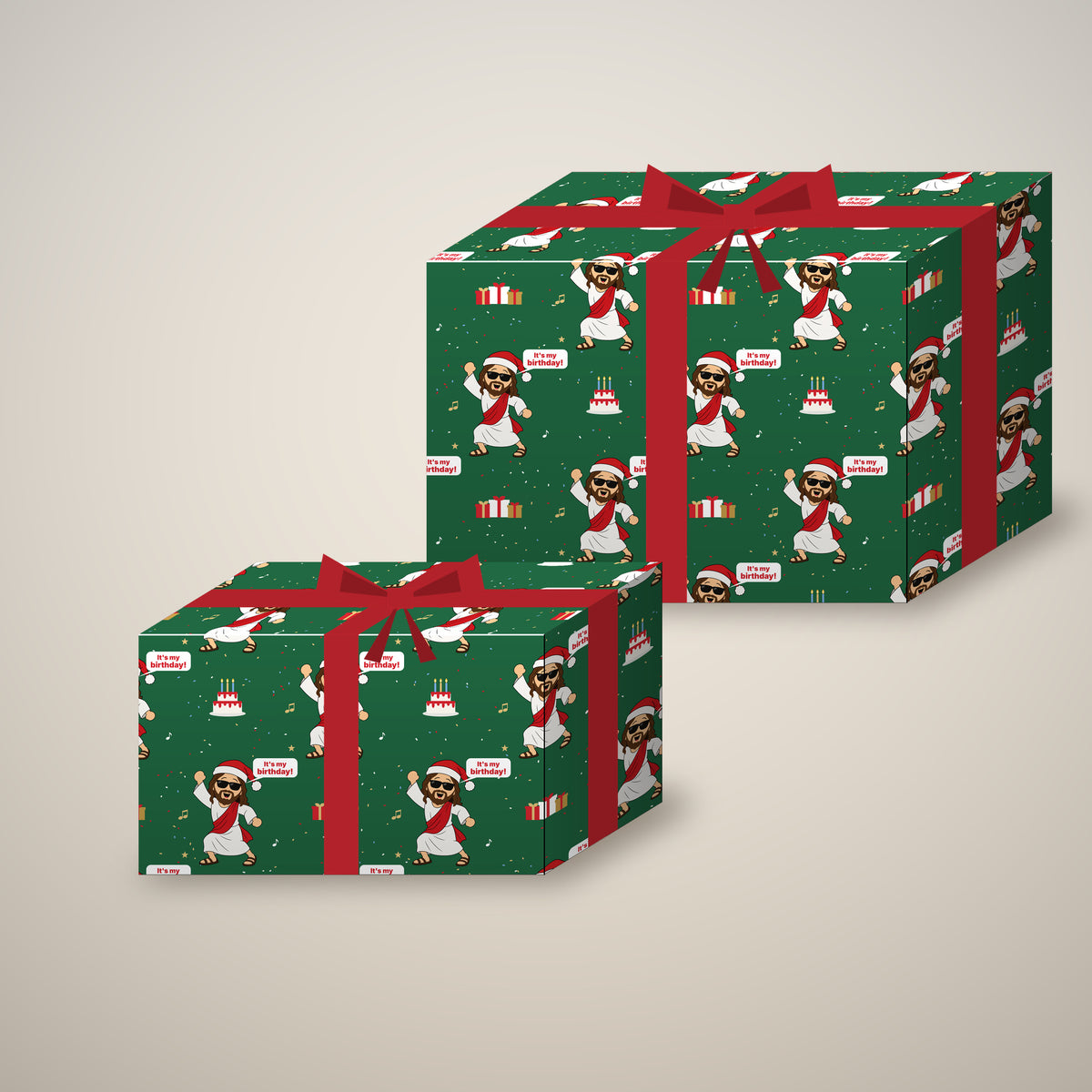 It's My Birthday funny Jesus Christmas wrapping paper on two wrapped gift boxes with a bow