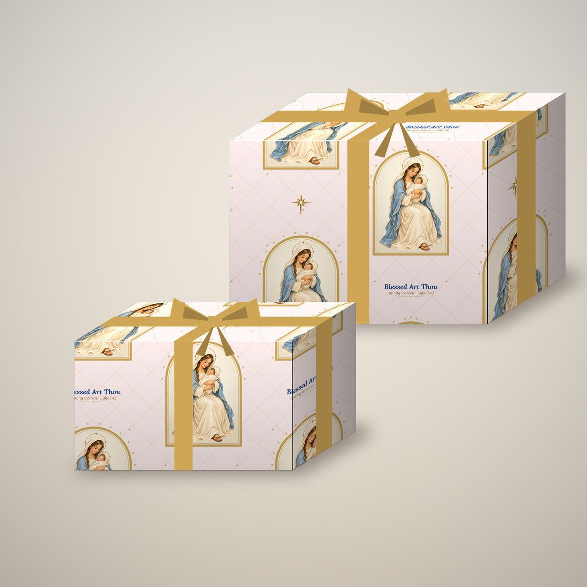 Blessed Art Thou Madonna and Child wrapping paper on two wrapped gift boxes with a bow