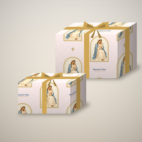 Blessed Art Thou Madonna and Child wrapping paper on two wrapped gift boxes with a bow
