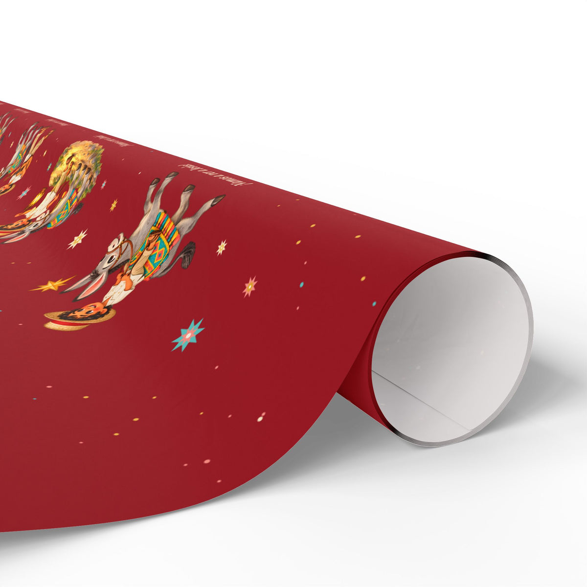 Burrito Navideño Christmas wrapping paper in red with ¡Vamos a ver a Jesús!