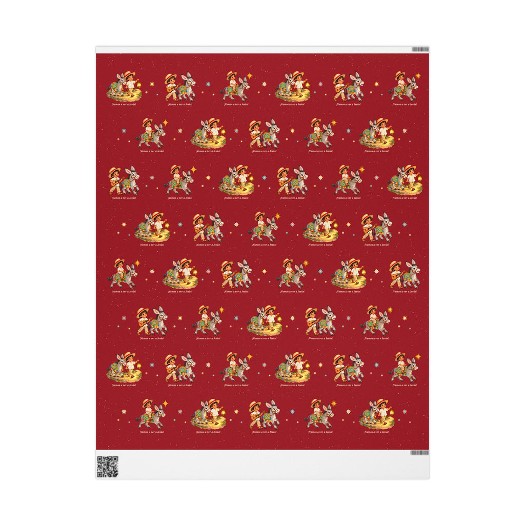 Burrito Navideño Christmas wrapping paper in red with ¡Vamos a ver a Jesús!