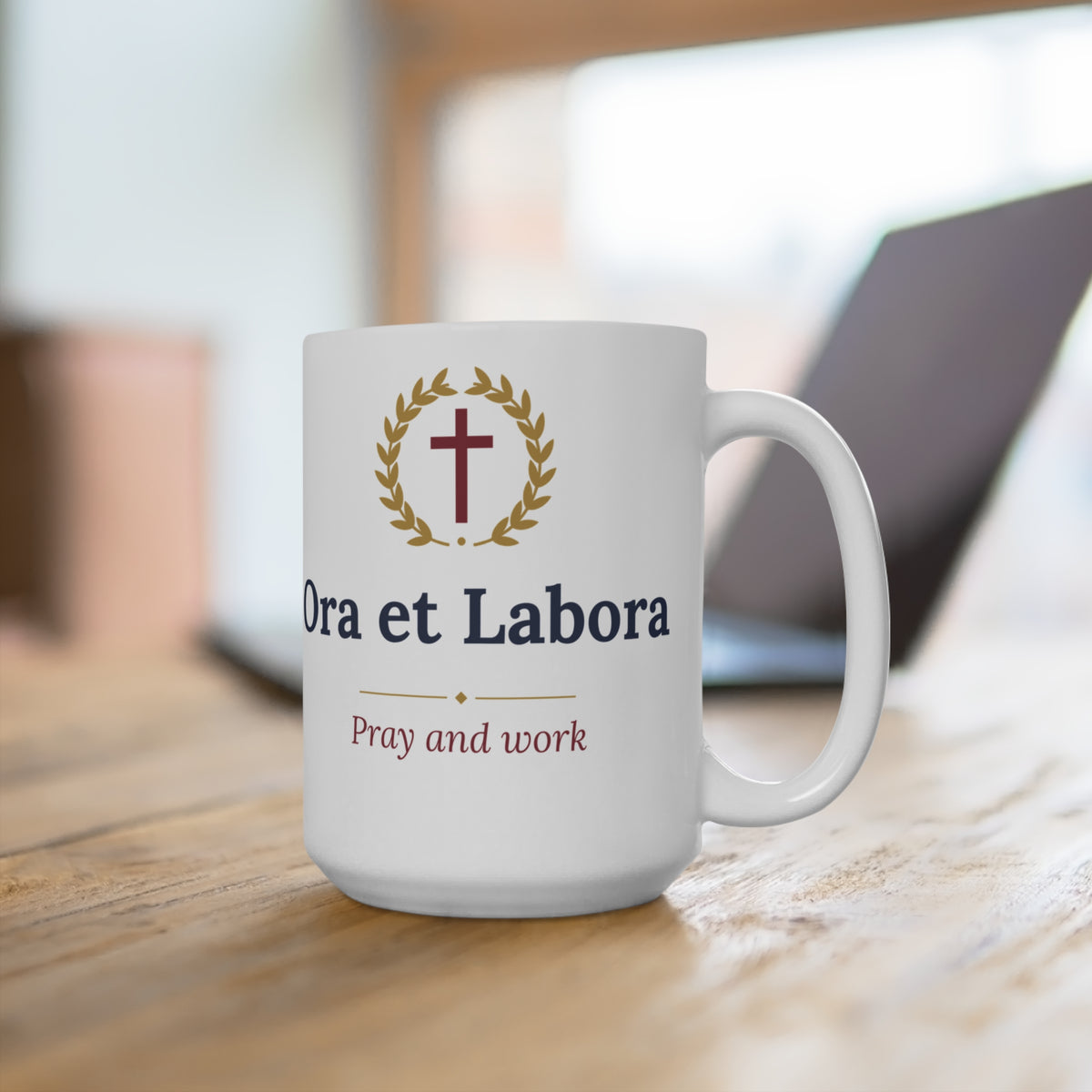 Ora et Labora mug, lifestyle view