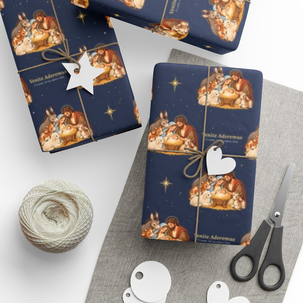 Nativity wrapping paper on a wrapped Christmas gift