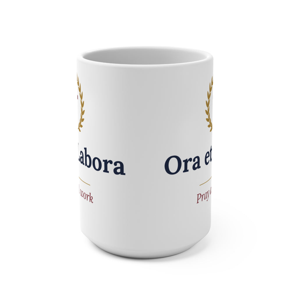 Ora et Labora pray and work mug with laurel wreath and cross