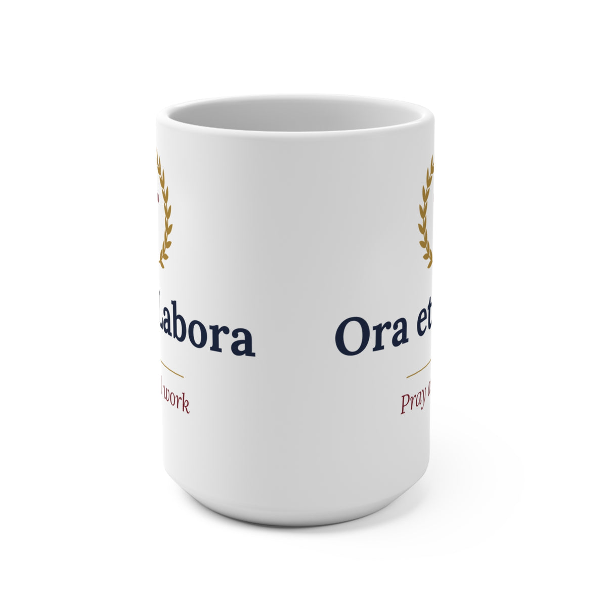 Ora et Labora pray and work mug with laurel wreath and cross