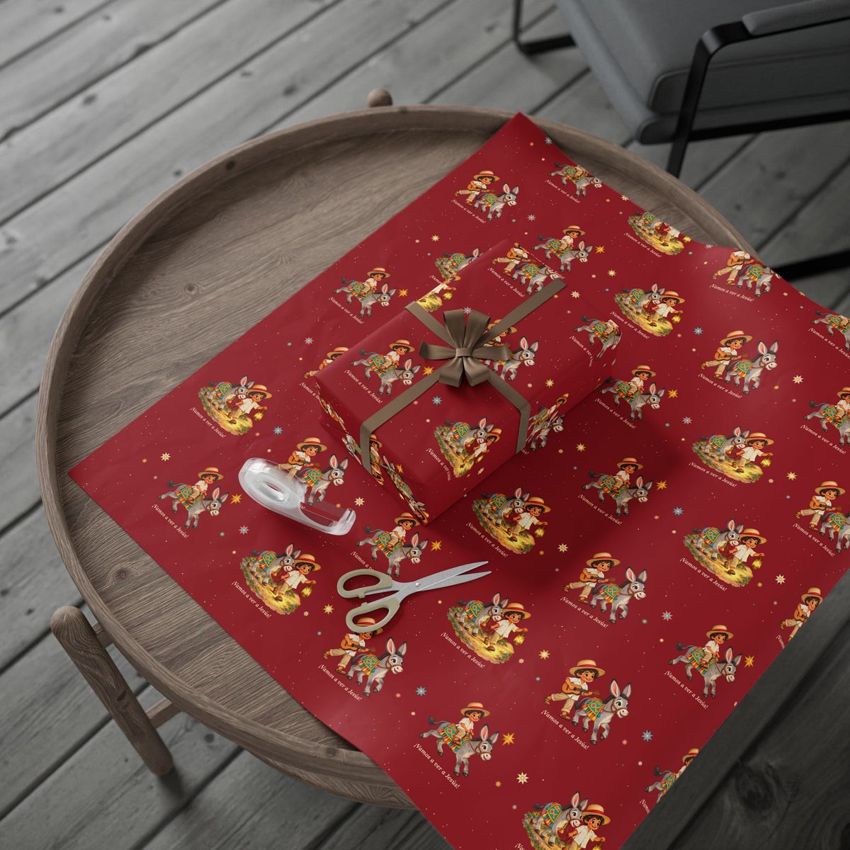 Burrito Navideño Christmas wrapping paper in red with ¡Vamos a ver a Jesús!
