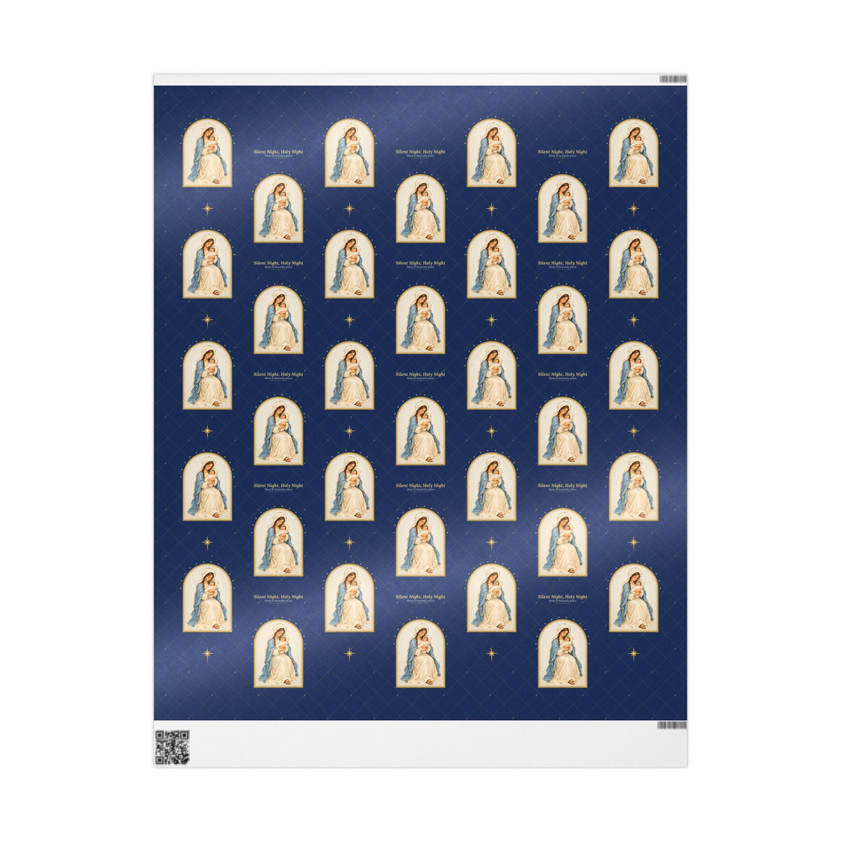 Madonna and Child Silent Night Christmas wrapping paper in navy with gold arched frames