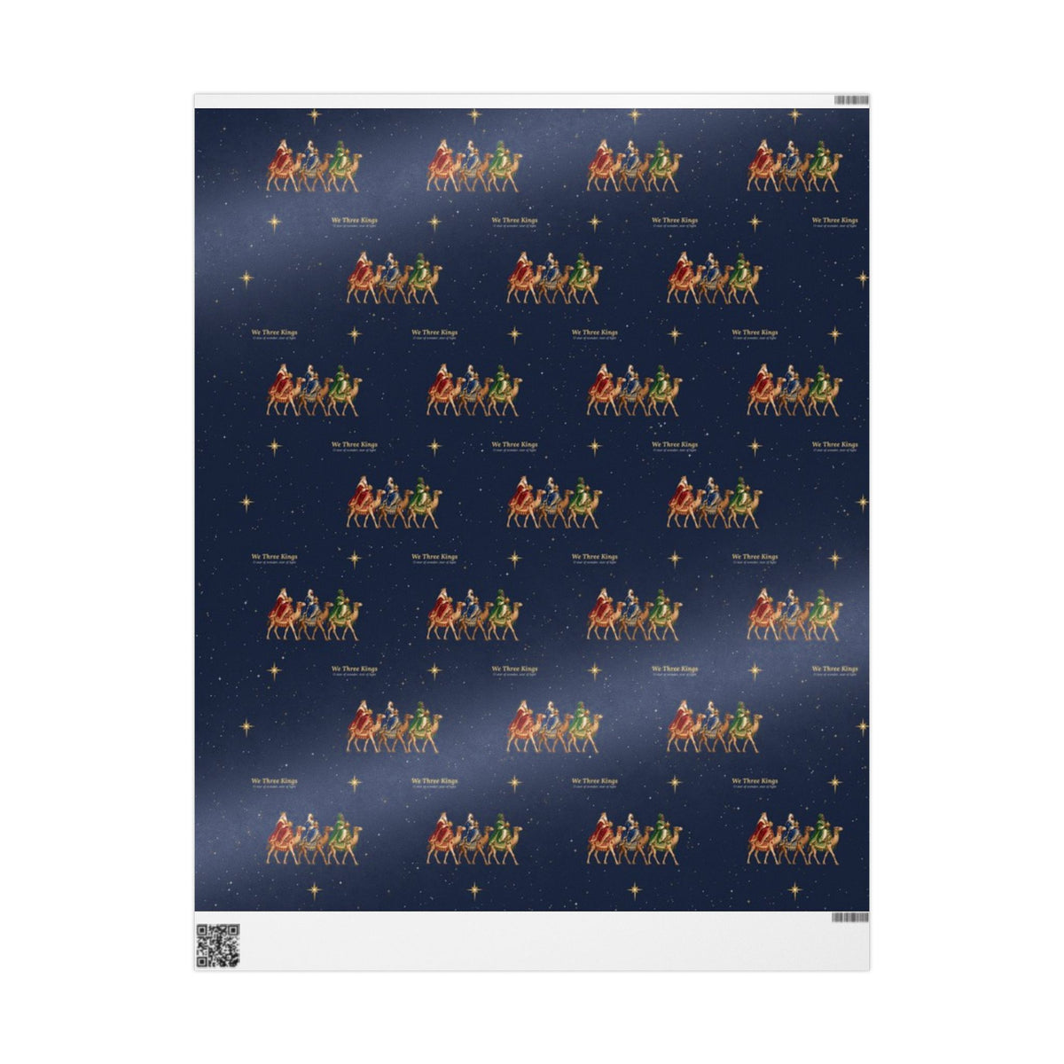 We Three Kings Christmas wrapping paper in navy, the Magi on camels with gold stars