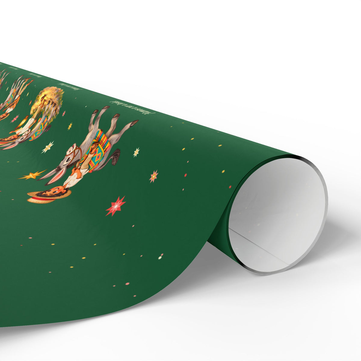 Burrito Navideño Christmas wrapping paper in green with ¡Vamos a ver a Jesús!