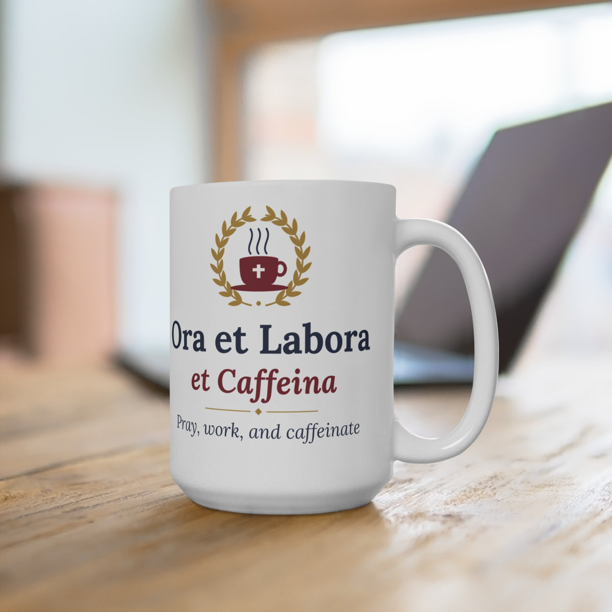 Ora et Labora et Caffeina mug, lifestyle view