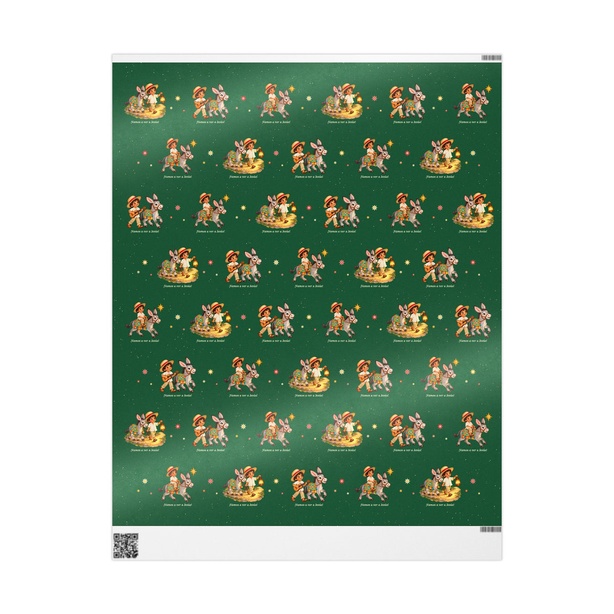 Burrito Navideño Christmas wrapping paper in green with ¡Vamos a ver a Jesús!