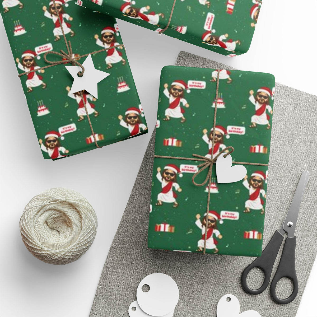 It's My Birthday Jesus wrapping paper on a wrapped gift