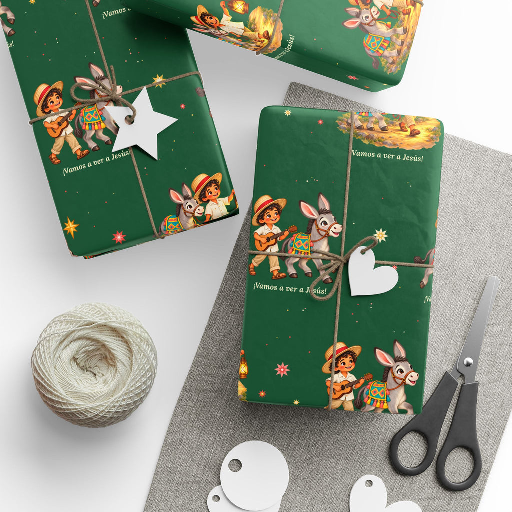 Burrito Navideño Christmas wrapping paper in green with ¡Vamos a ver a Jesús!