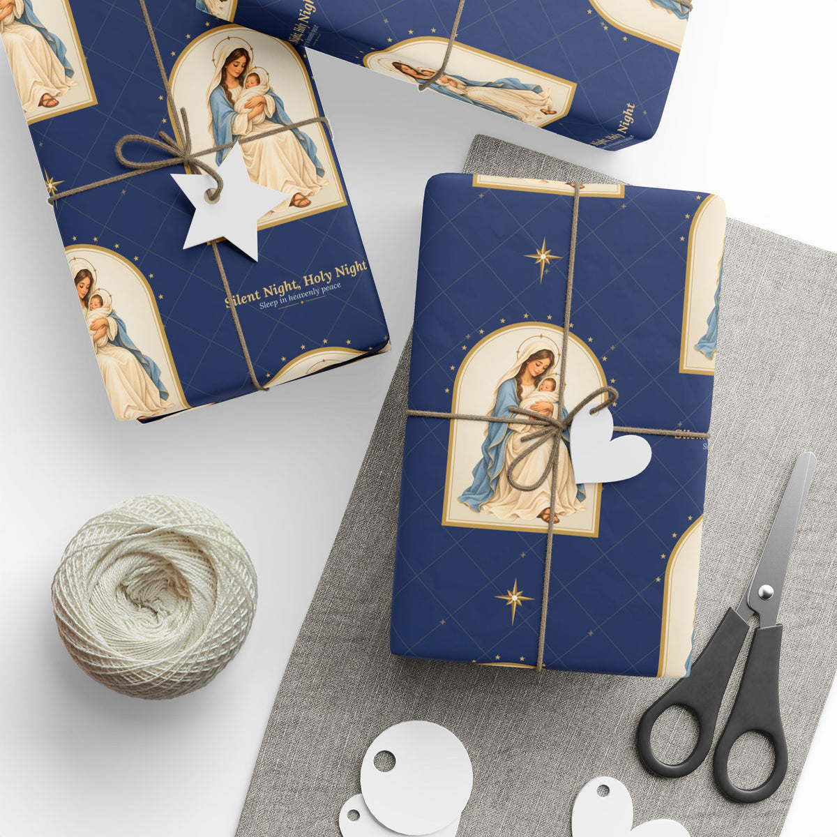 Madonna and Child Silent Night Christmas wrapping paper in navy with gold arched frames