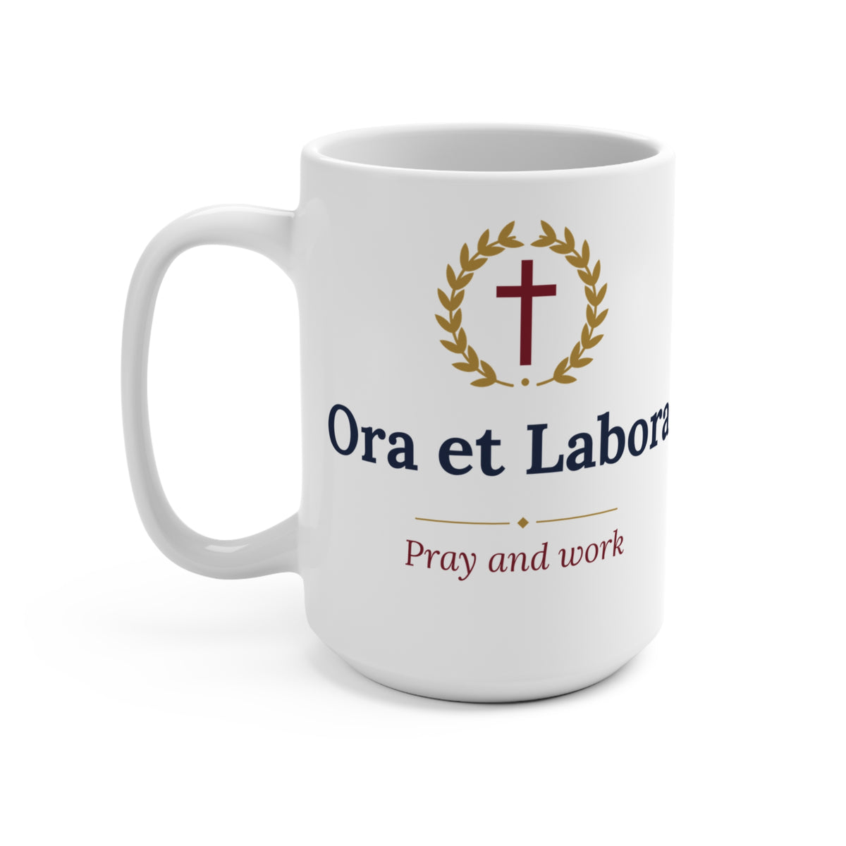 Ora et Labora mug, handle side