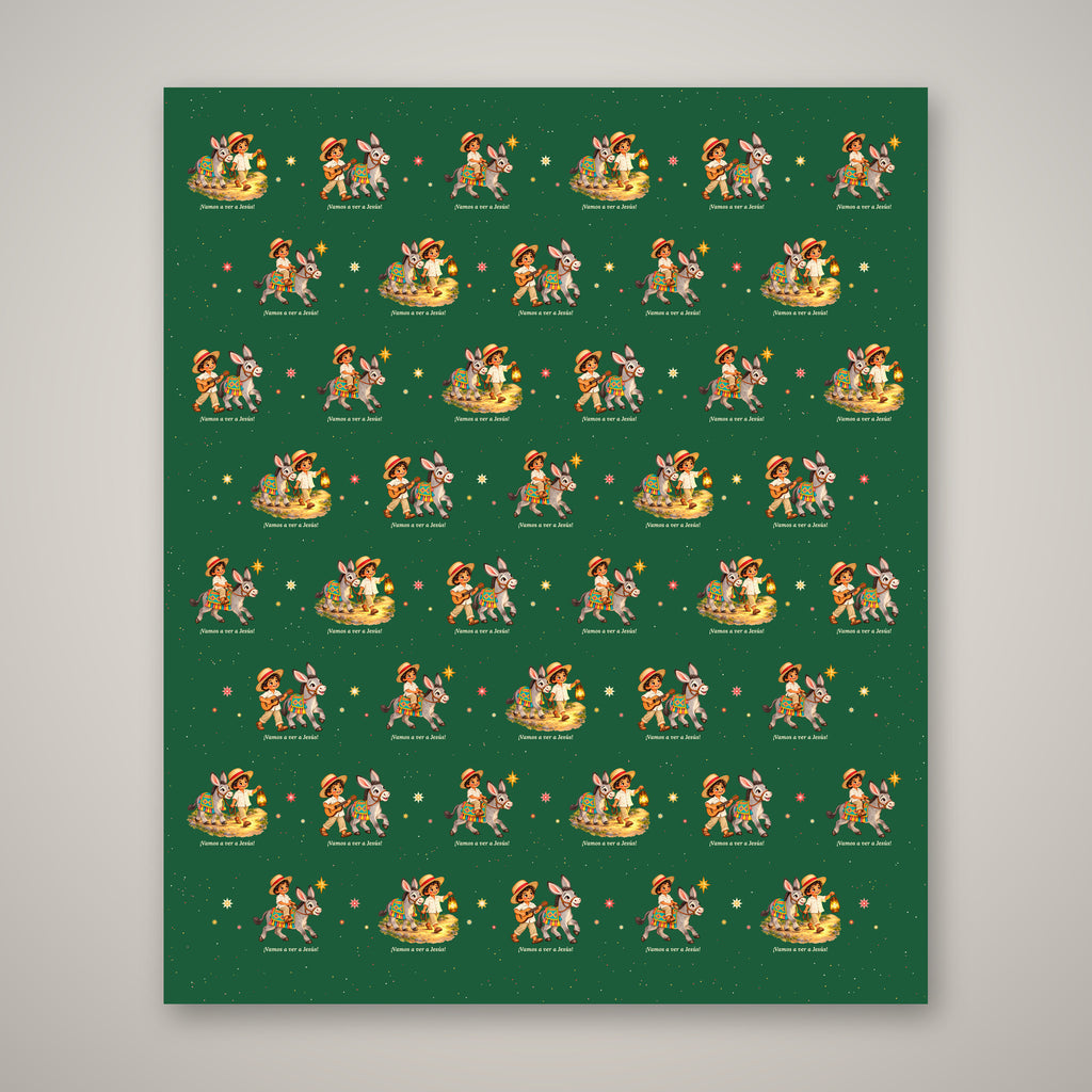 Green Burrito Navideño Christmas wrapping paper, full 30 x 36 inch sheet