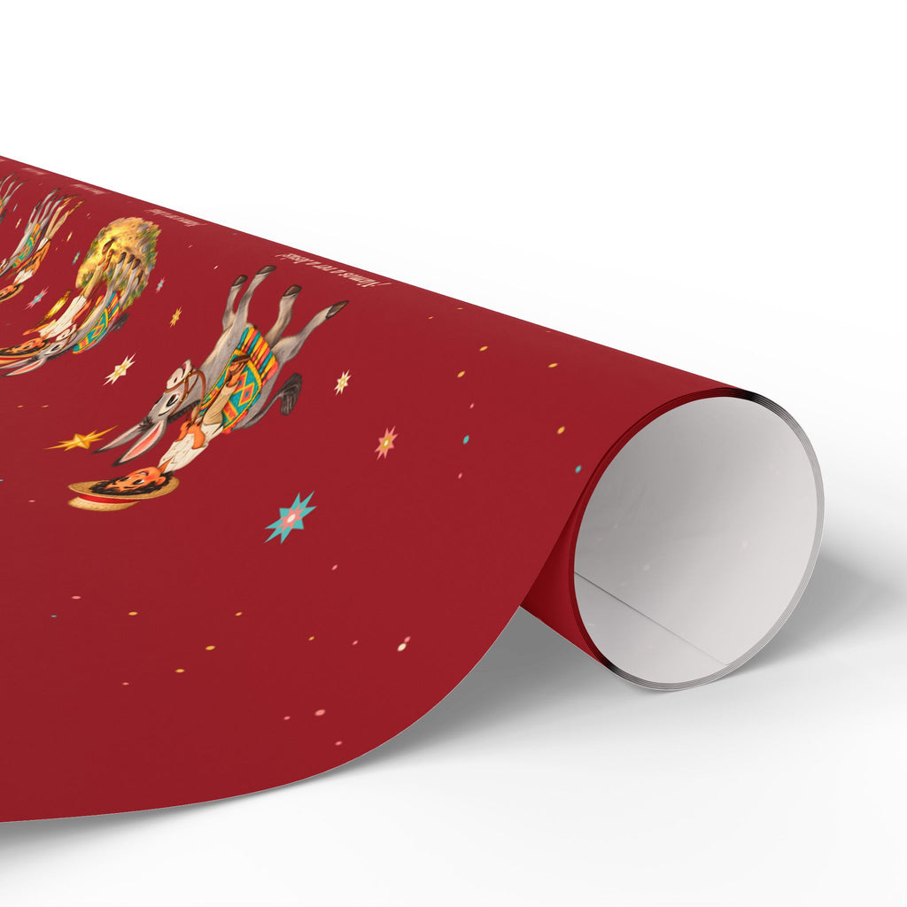 Burrito Navideño Christmas wrapping paper in red with ¡Vamos a ver a Jesús!