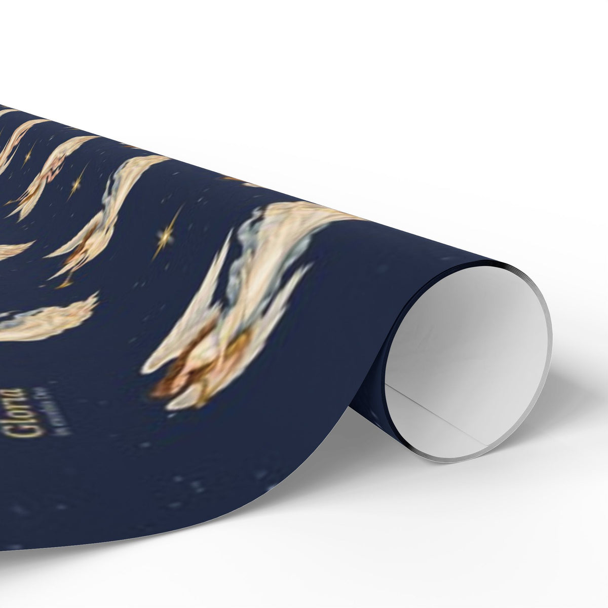 Gloria angel wrapping paper, close-up of an angel with a golden trumpet