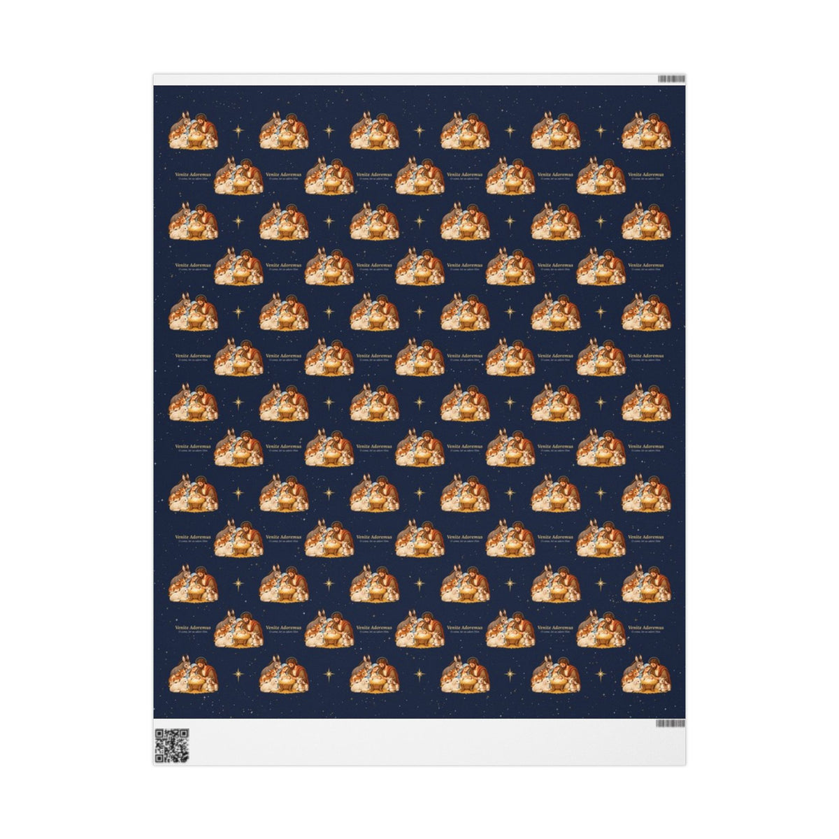 Nativity Christmas wrapping paper with the Holy Family, manger animals, and Venite Adoremus on a starry navy background