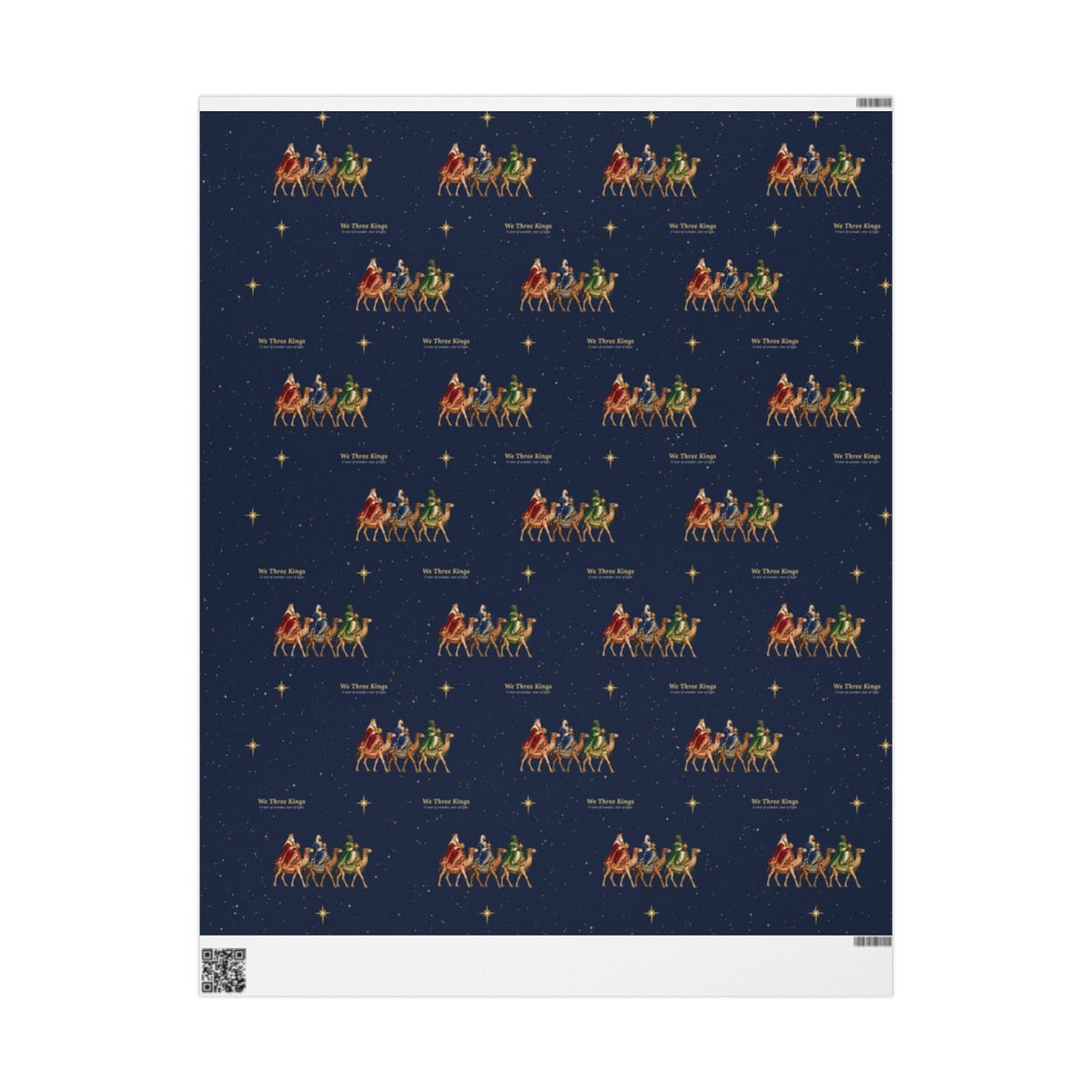We Three Kings Christmas wrapping paper in navy, the Magi on camels with gold stars