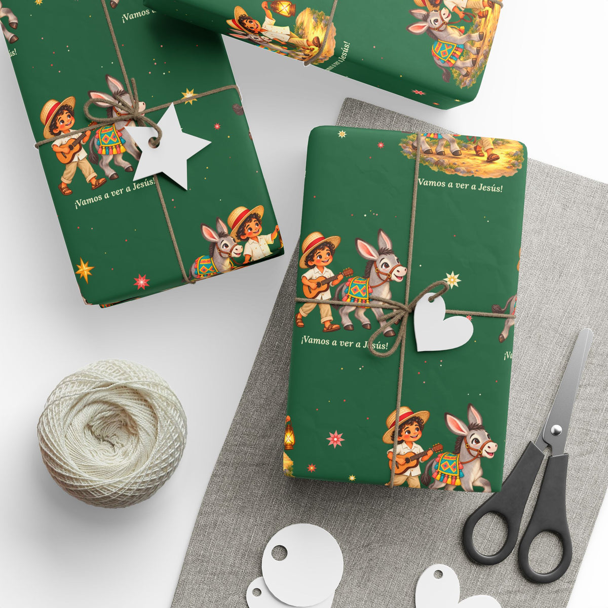 Burrito Navideño Christmas wrapping paper in green with ¡Vamos a ver a Jesús!