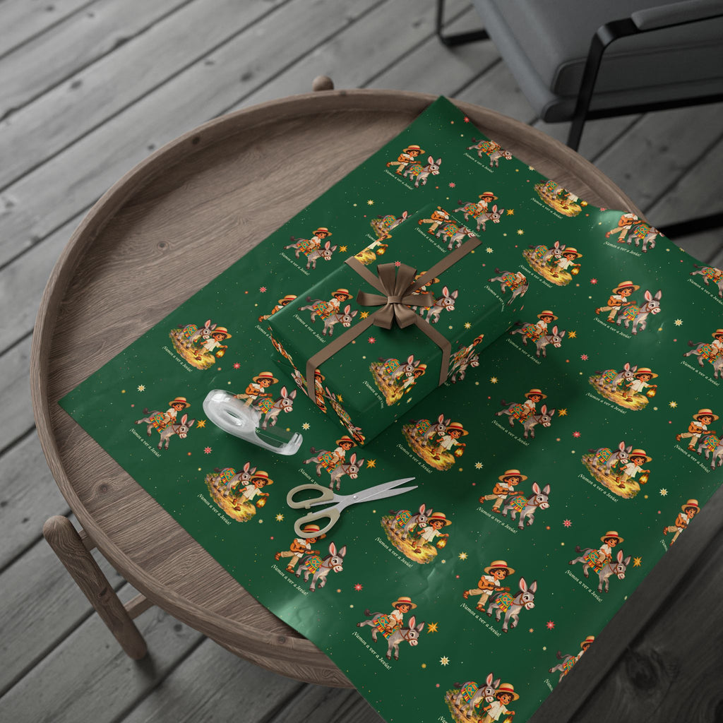 Burrito Navideño Christmas wrapping paper in green with ¡Vamos a ver a Jesús!