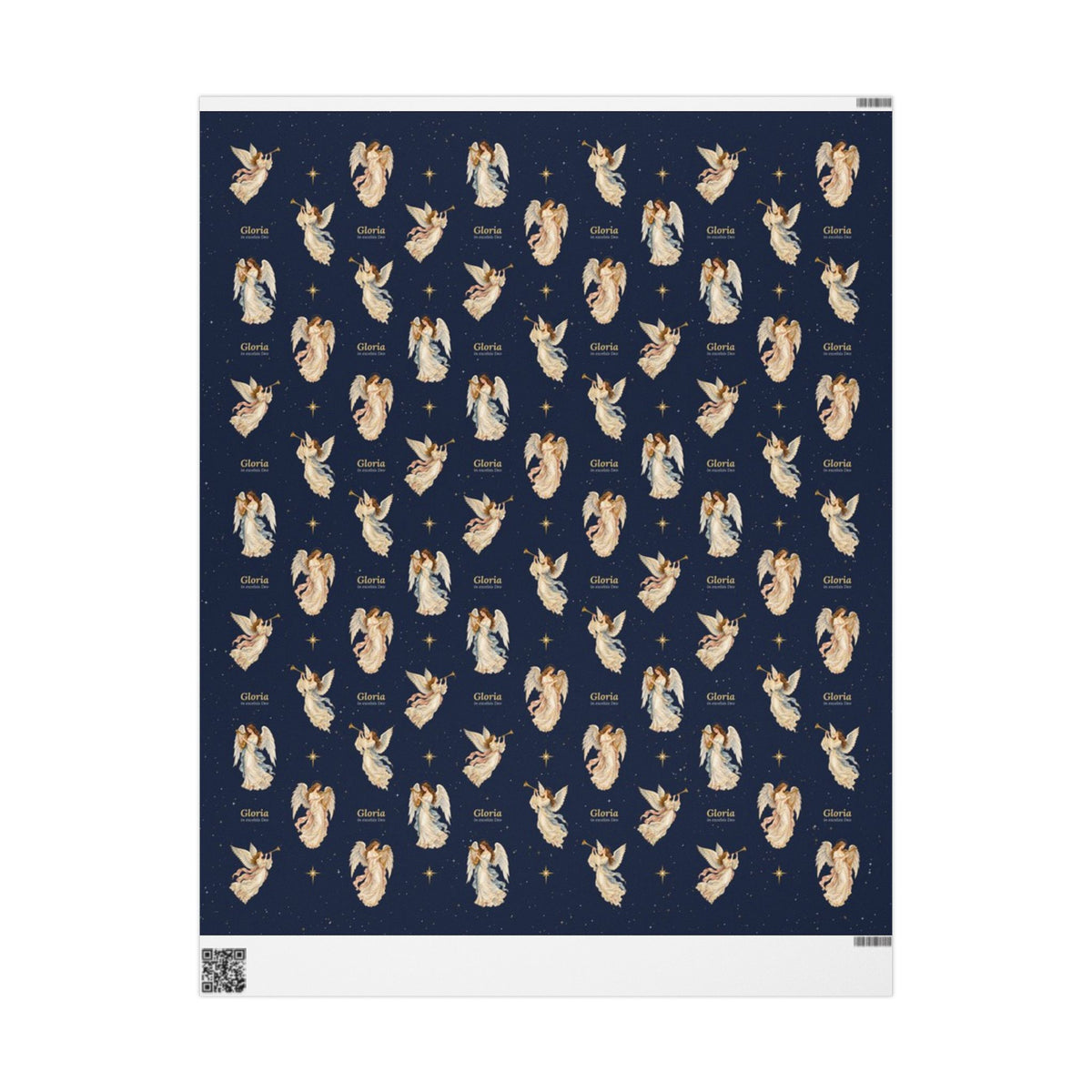 Angel Christmas wrapping paper with trumpet and harp angels and Gloria in excelsis Deo on a starry navy background
