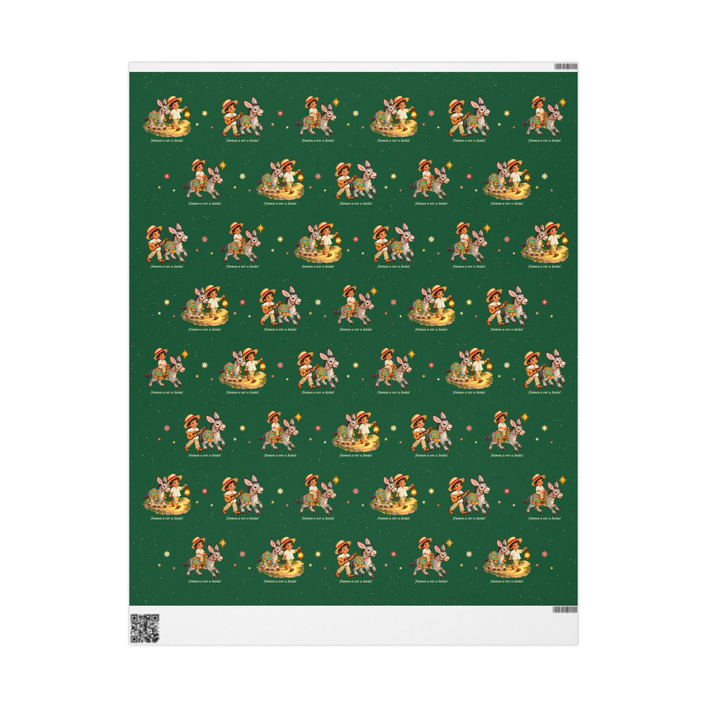 Burrito Navideño Christmas wrapping paper in green with ¡Vamos a ver a Jesús!