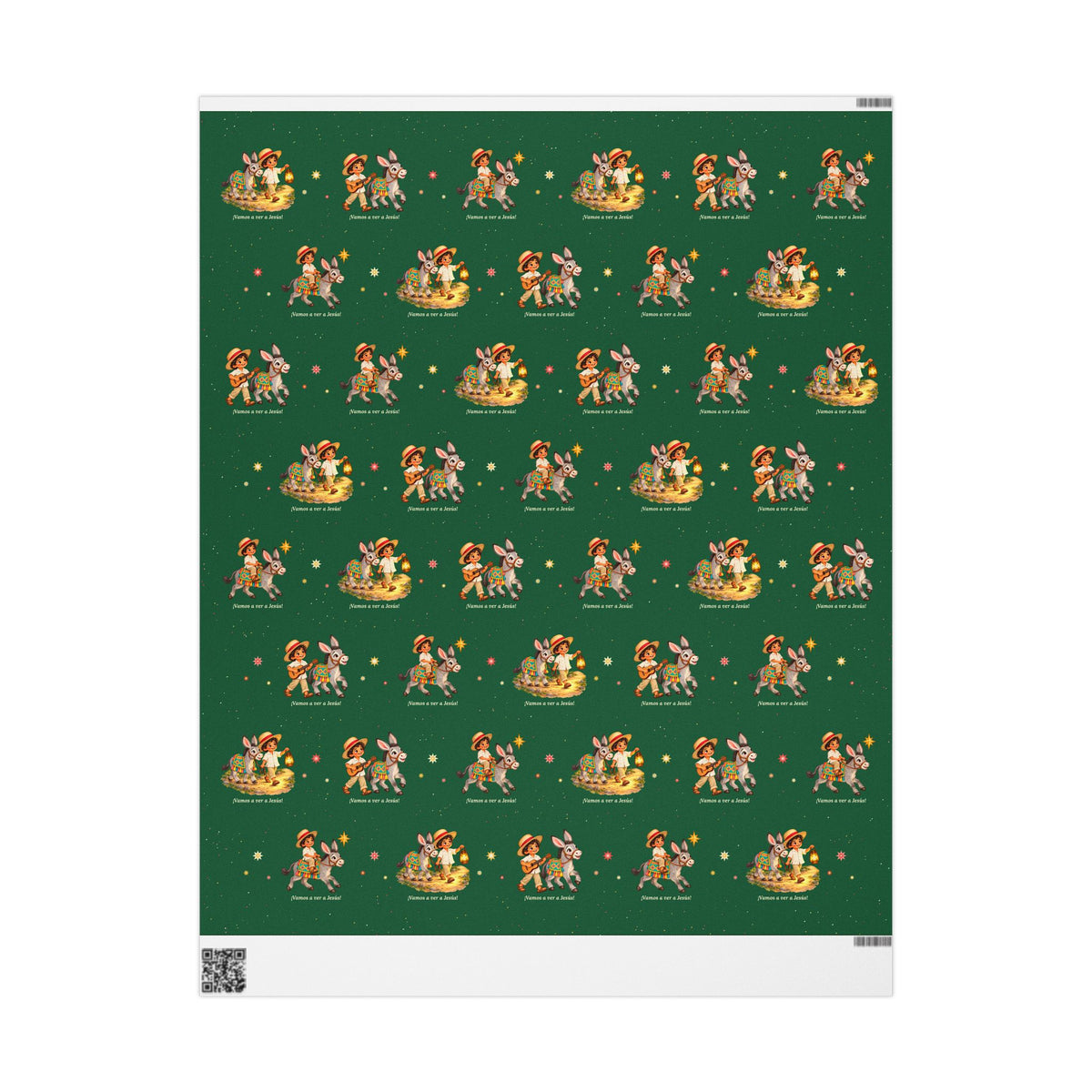 Burrito Navideño Christmas wrapping paper in green with ¡Vamos a ver a Jesús!