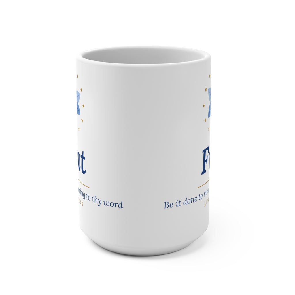 Fiat Marian mug with blue lily and crown of stars, Luke 1:38