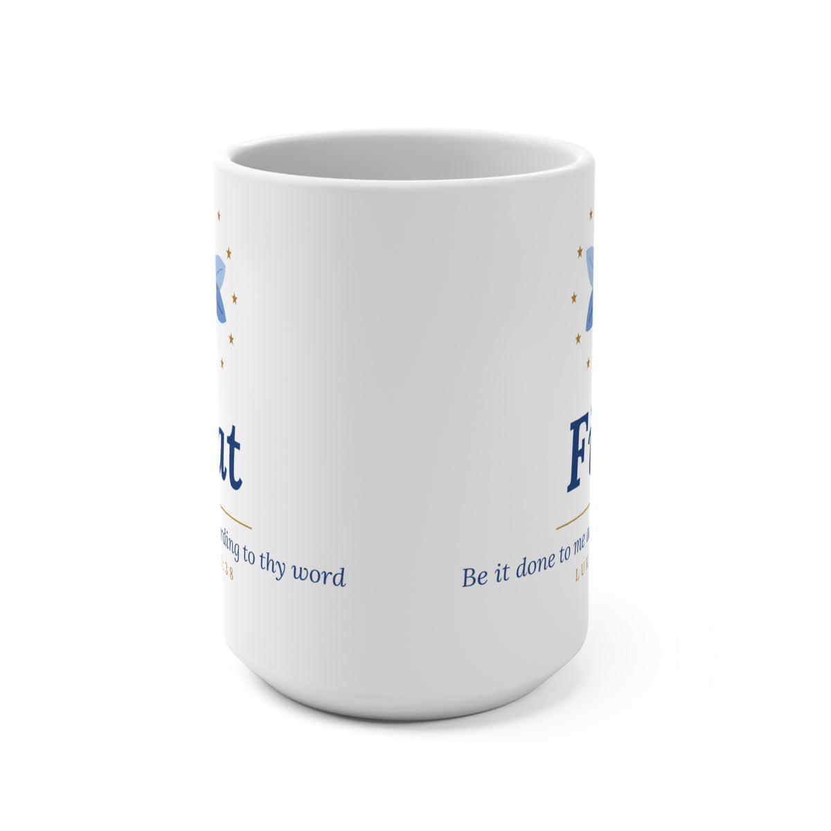 Fiat Marian mug with blue lily and crown of stars, Luke 1:38