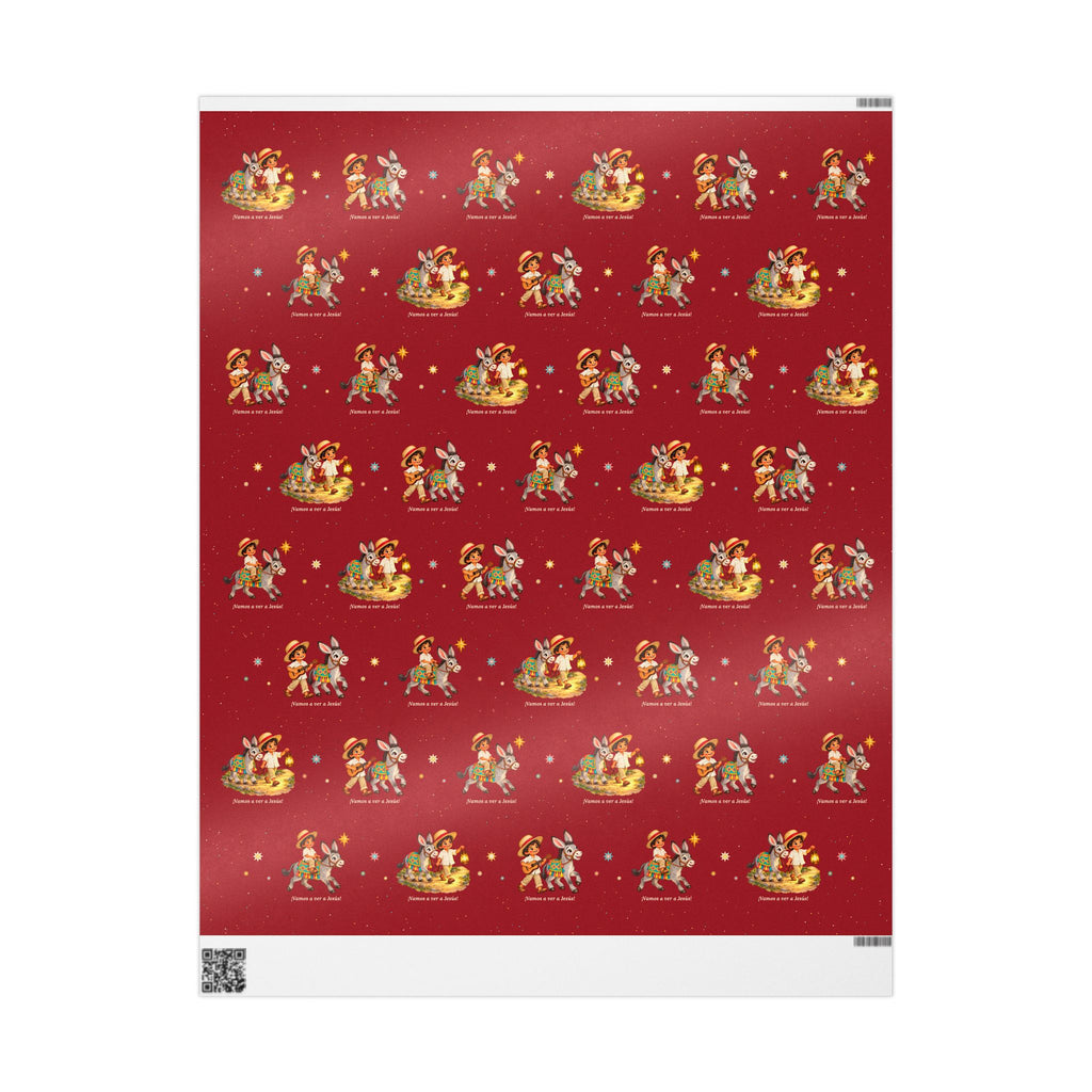 Burrito Navideño Christmas wrapping paper in red with ¡Vamos a ver a Jesús!