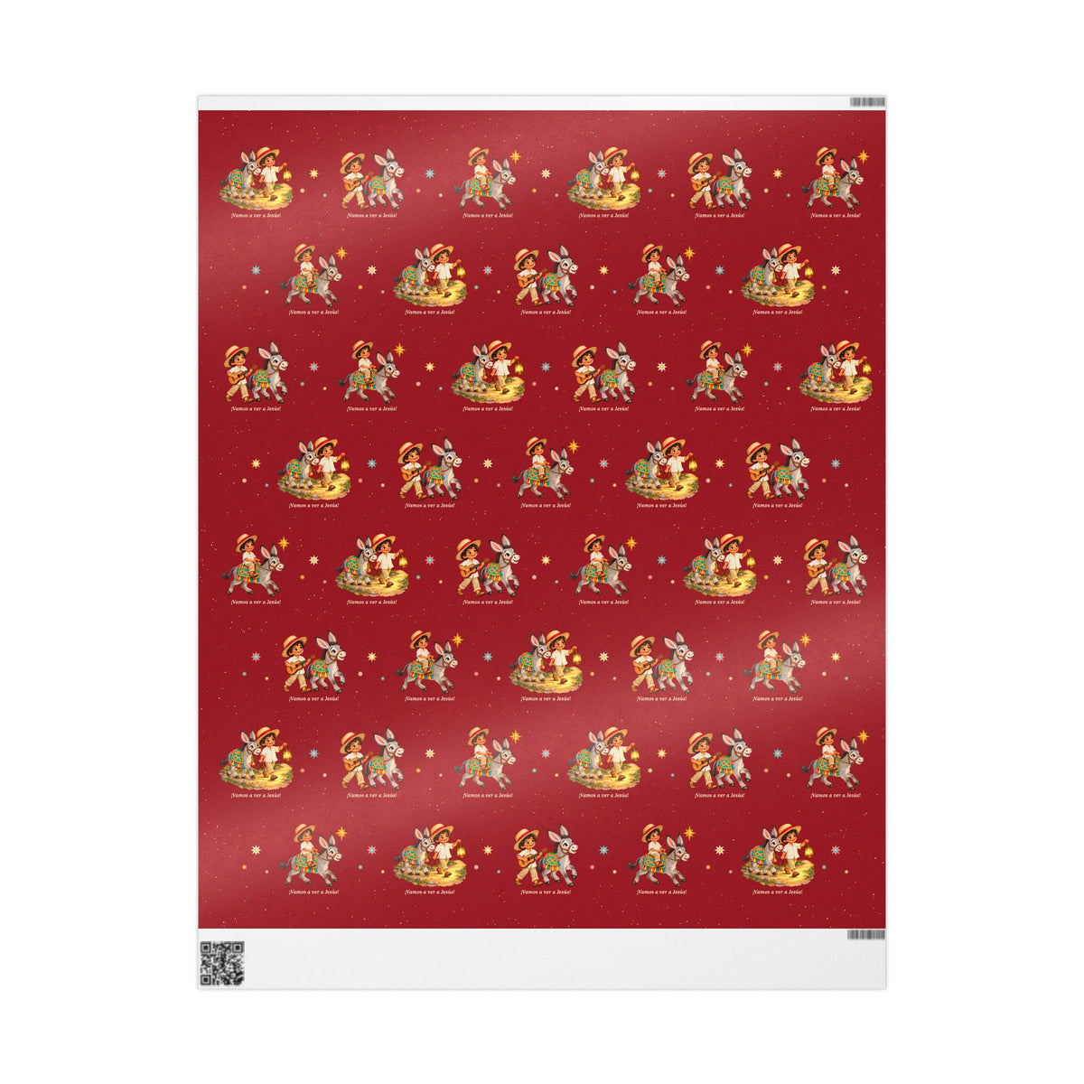 Burrito Navideño Christmas wrapping paper in red with ¡Vamos a ver a Jesús!