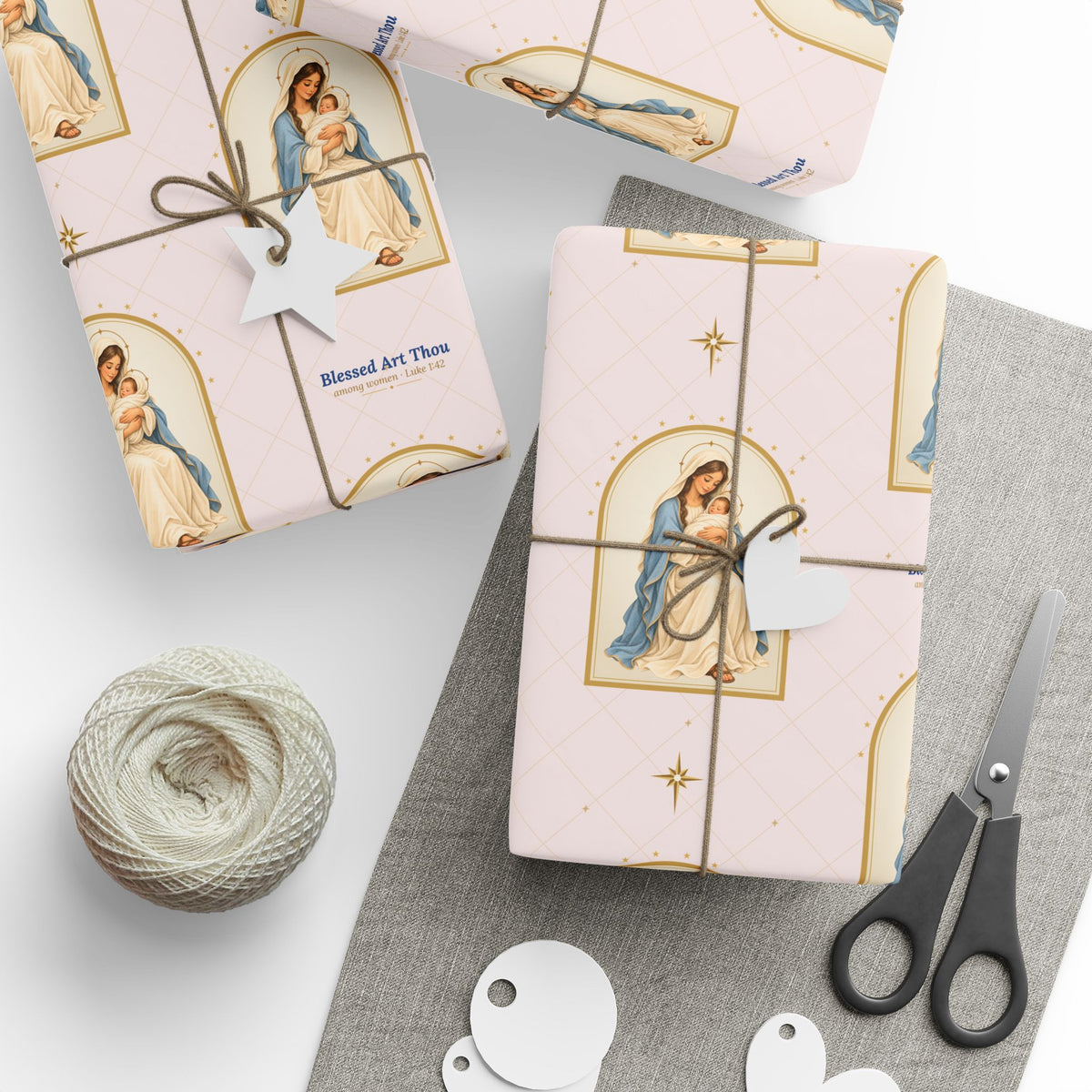 Blessed Art Thou Madonna and Child wrapping paper in blush with gold arched frames