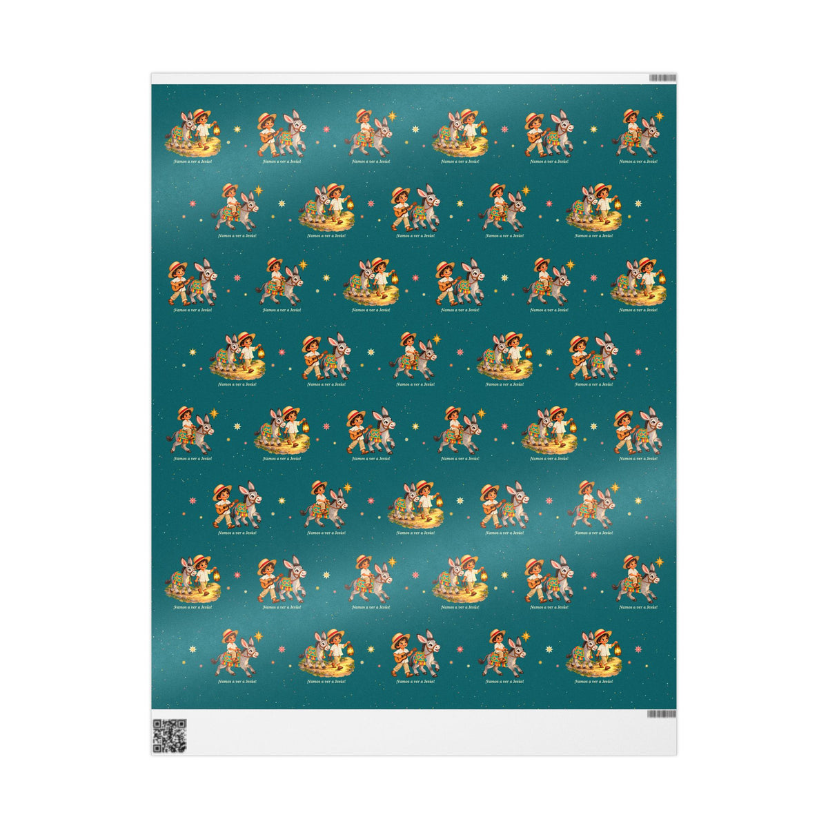 Burrito Navideño Christmas wrapping paper in turquoise with ¡Vamos a ver a Jesús!