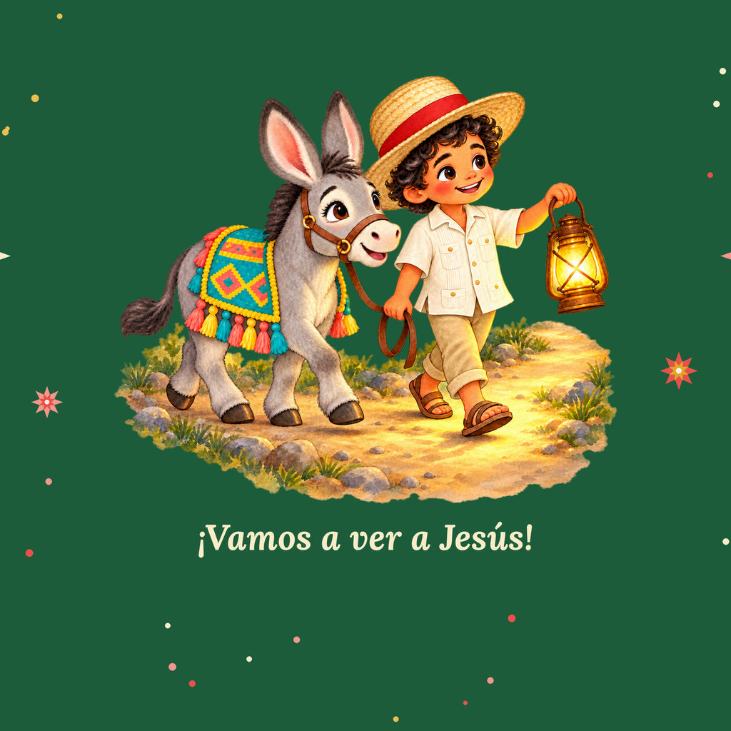 Close-up of green Burrito Navideño wrapping paper: boy with lantern and donkey