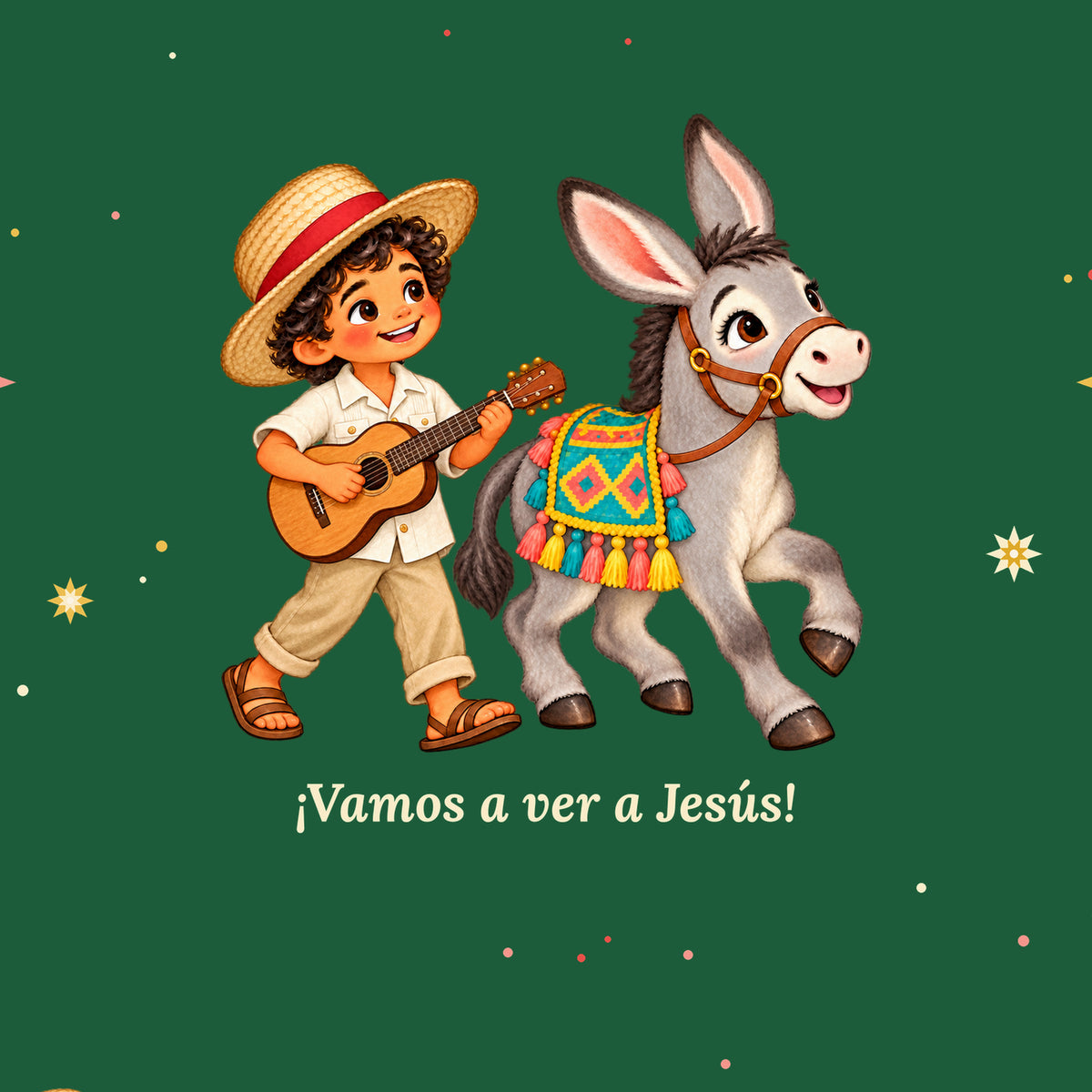 Close-up of green Burrito Navideño wrapping paper: boy with guitar riding a donkey
