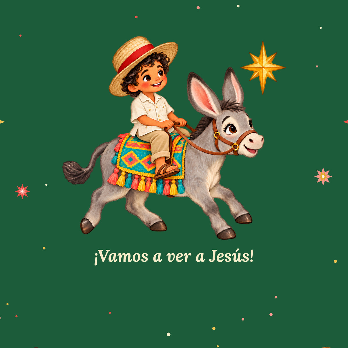 Close-up of green Burrito Navideño wrapping paper with ¡Vamos a ver a Jesús!