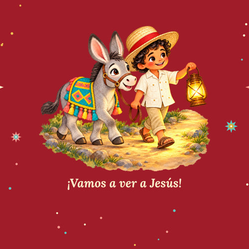 Close-up of red Burrito Navideño wrapping paper: boy with lantern and donkey