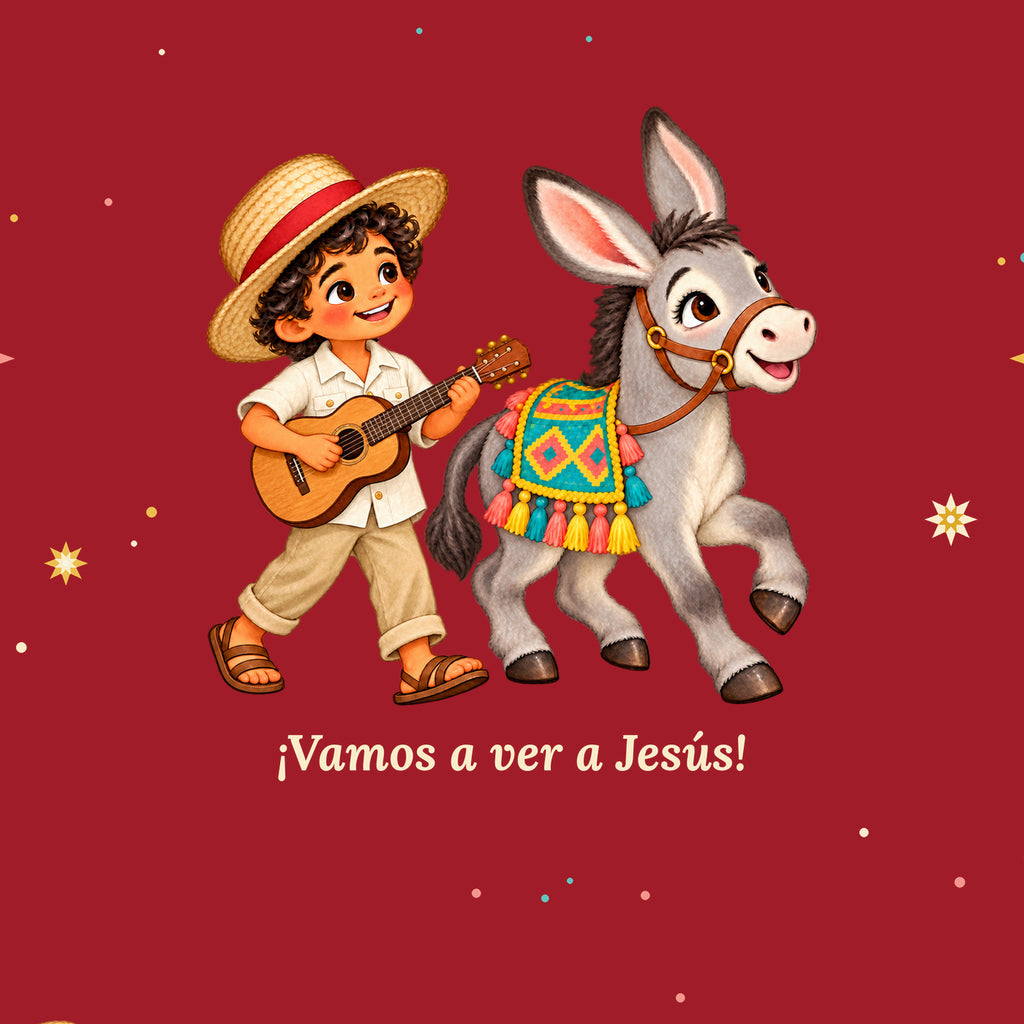 Close-up of red Burrito Navideño wrapping paper: boy with guitar riding a donkey