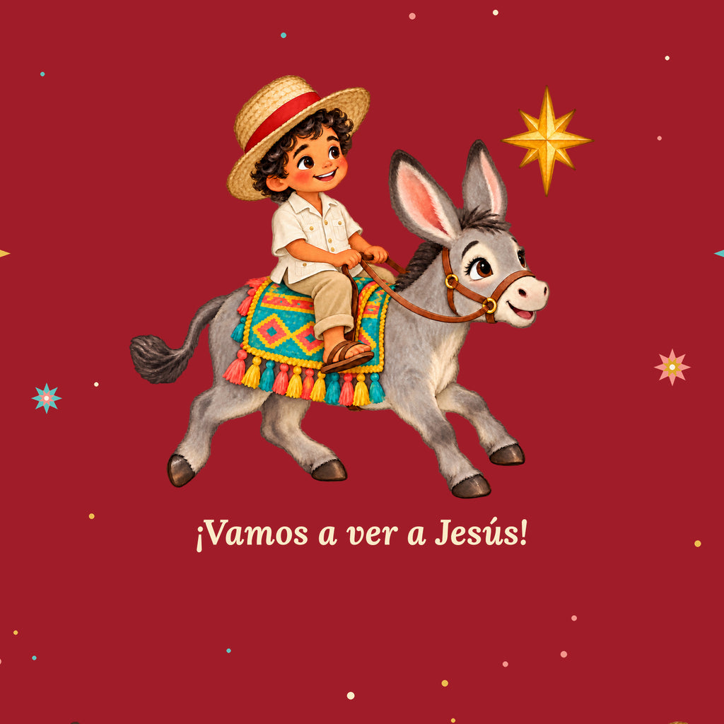 Close-up of red Burrito Navideño wrapping paper with ¡Vamos a ver a Jesús!