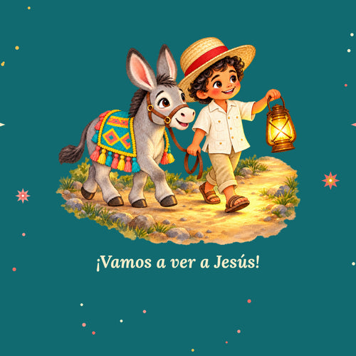 Close-up of turquoise Burrito Navideño wrapping paper: boy with lantern and donkey