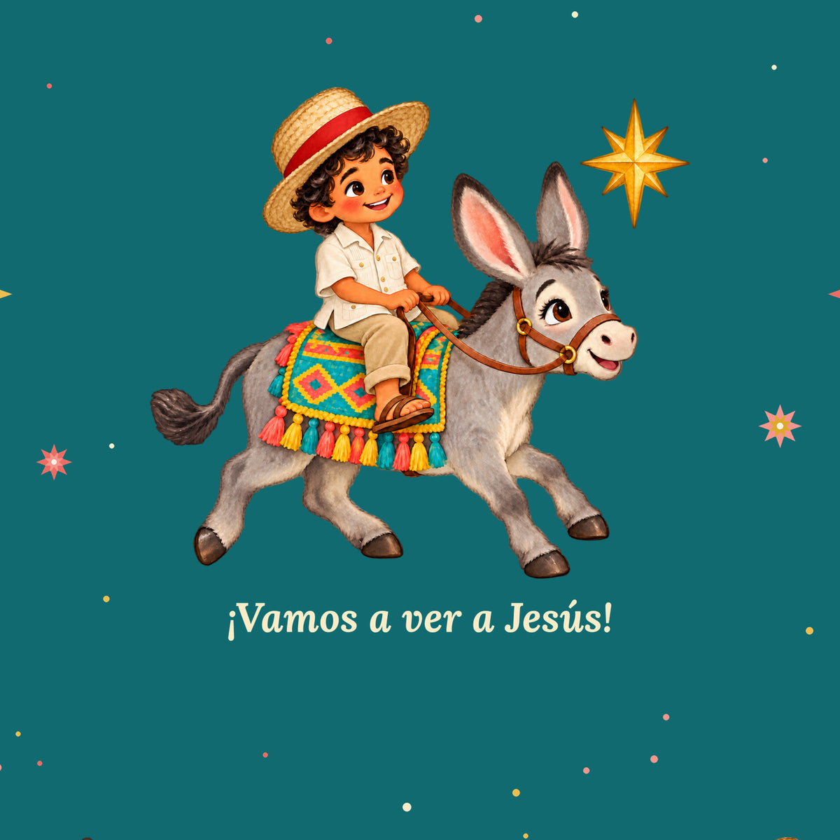 Close-up of turquoise Burrito Navideño wrapping paper with ¡Vamos a ver a Jesús!