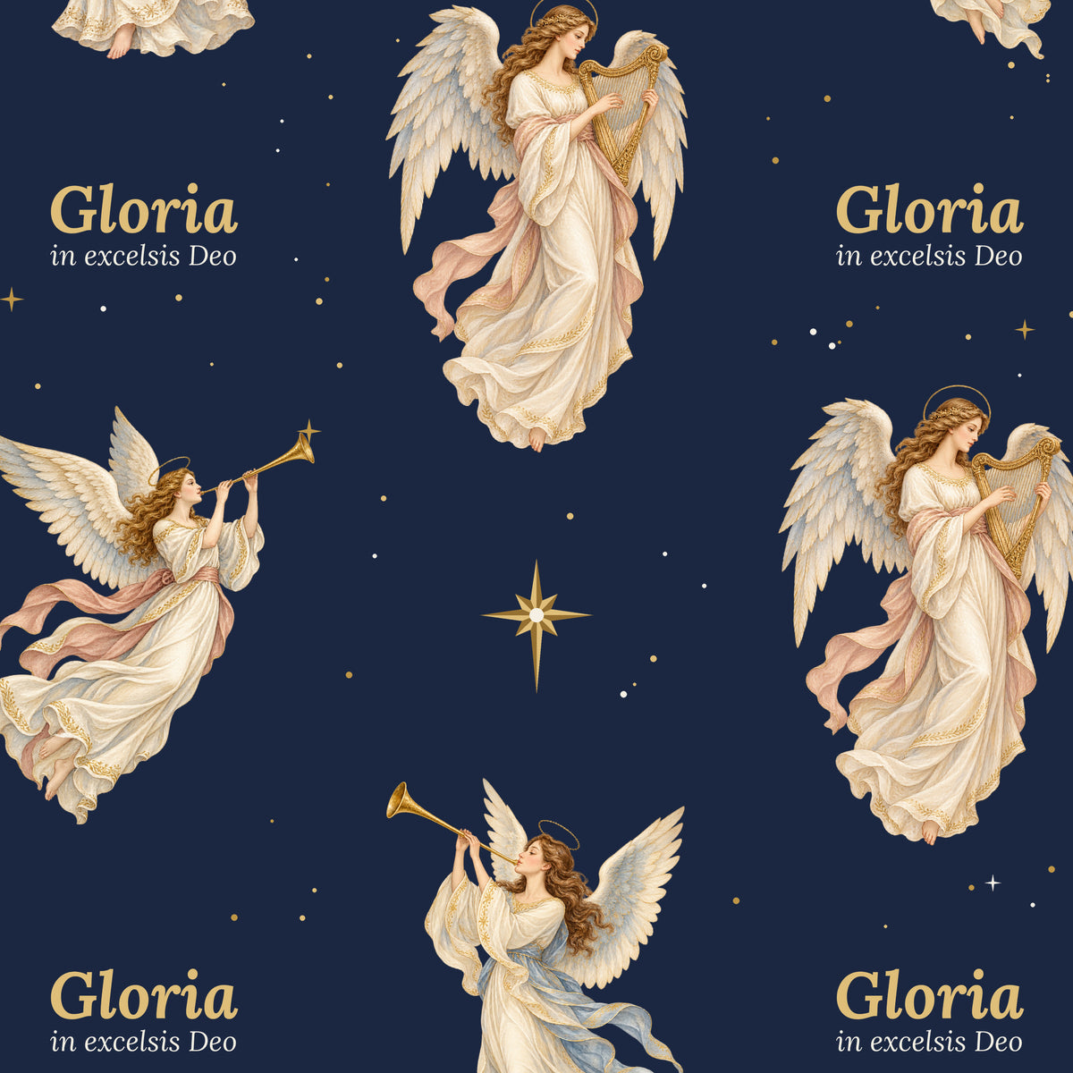 Gloria angel Christmas wrapping paper close-up on navy with gold stars