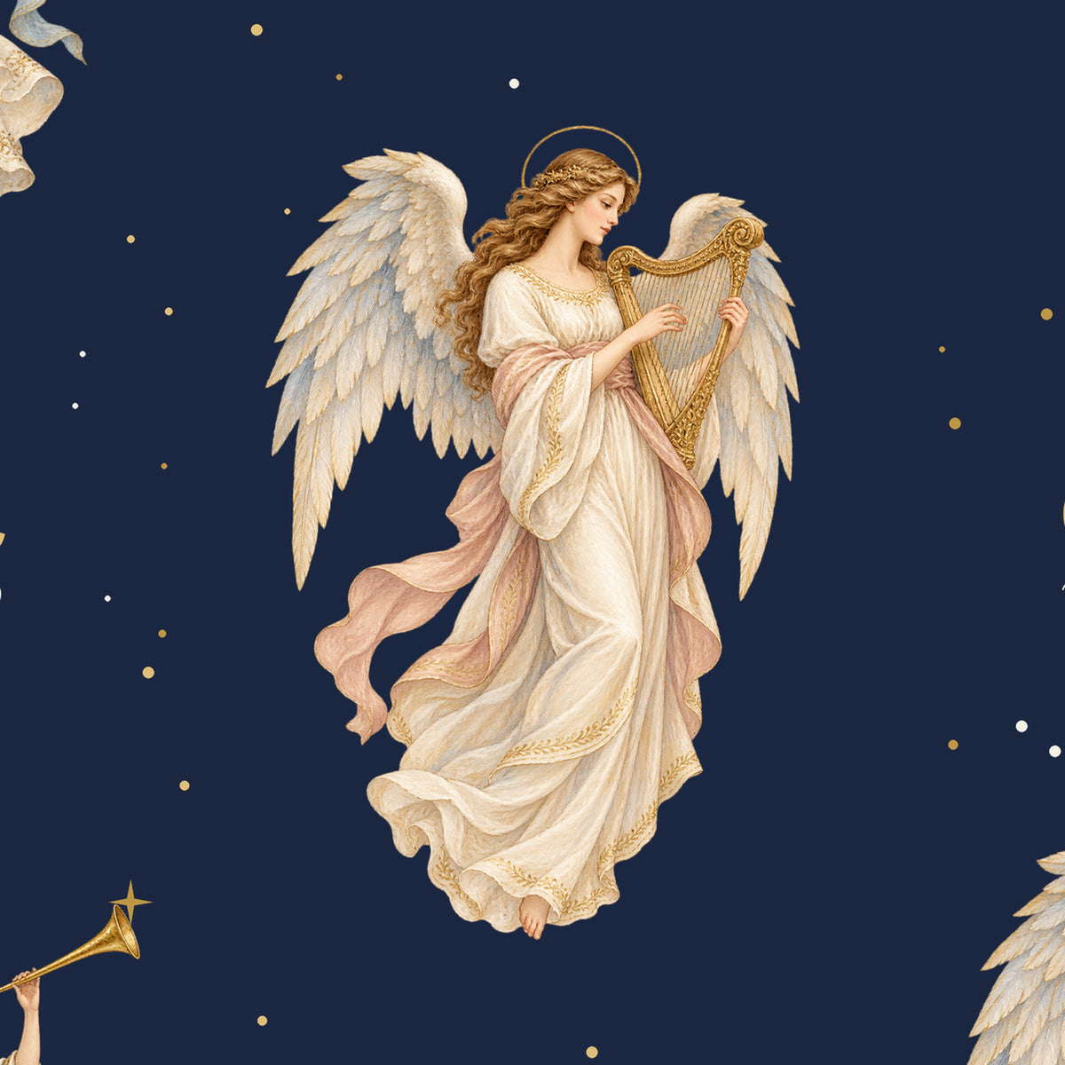 Close-up of Gloria in excelsis Deo wrapping paper: angels with trumpets and harps