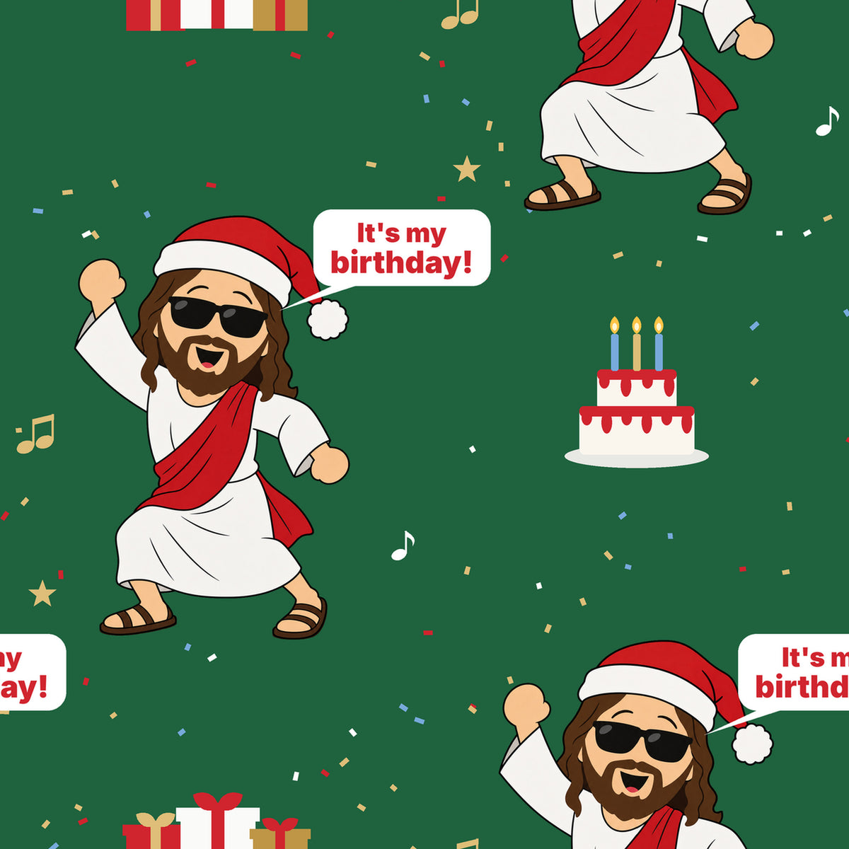 Close-up of It's My Birthday wrapping paper: dancing Jesus in a Santa hat and sunglasses with a birthday cake