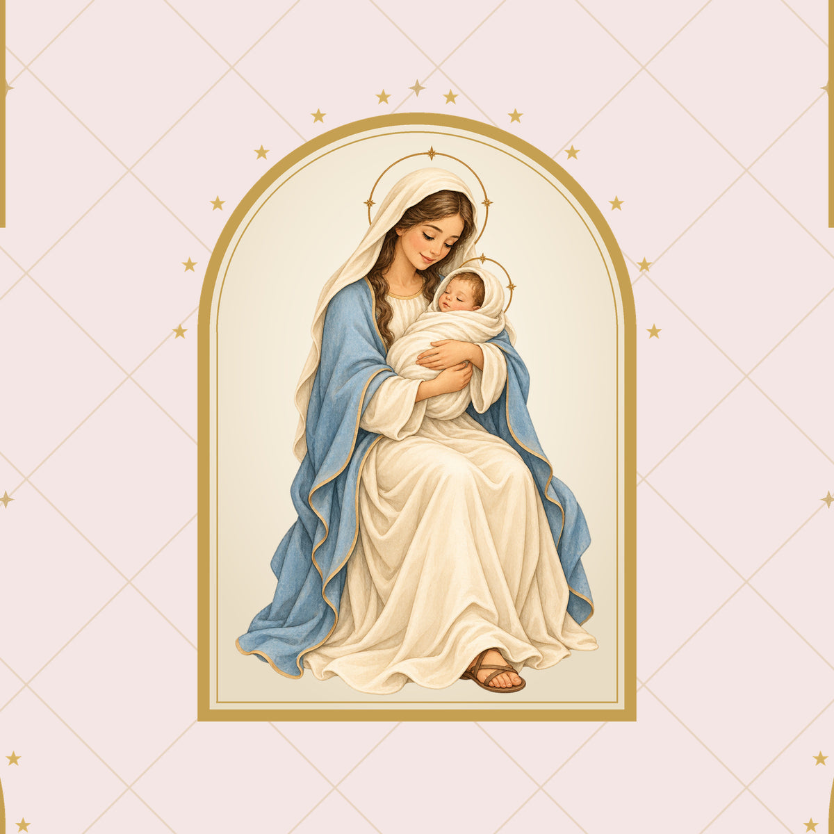 Close-up of Blessed Art Thou Madonna and Child wrapping paper: Mary and Jesus in a gold arched frame on blush